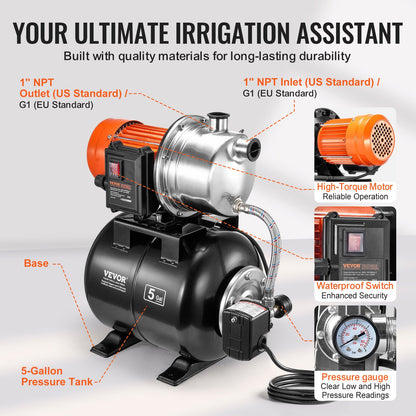 1 HP Shallow Well Pump with Pressure Tank, 1000 GPH, Automatic Irrigation Water Booster Pump with 130 ft Head Lift 20/40 PSI Pressure Switch, 304 Stainless Steel Pump Head for Home Garden Lawn