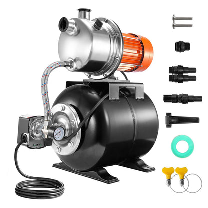 1 HP Shallow Well Pump with Pressure Tank, 1000 GPH, Automatic Irrigation Water Booster Pump with 130 ft Head Lift 20/40 PSI Pressure Switch, 304 Stainless Steel Pump Head for Home Garden Lawn