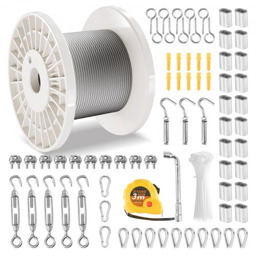 Wire Rope Kit, 1/8" 100 ft 304 Stainless Steel Cable with 124 Accessories, 1600 lbs Breaking Strength, 7x7 Strands Construction Marine Aircraft Grade for Handrail Stair Decking Fence Outdoors