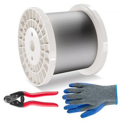 Wire Rope Kit, 1/8" 600 ft 316 Stainless Steel Cable with Cutter and Gloves, 1600 lbs Breaking Strength, 7x7 Strands Construction Marine Aircraft Grade for Handrail Stair Decking Fence Outdoors