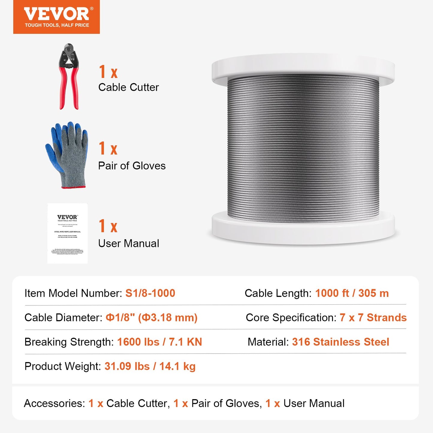 Wire Rope Kit, 1/8" 1000 ft 316 Stainless Steel Cable with Cutter and Gloves, 1600 lbs Breaking Strength, 7x7 Strands Construction Marine Aircraft Grade for Handrail Stair Decking Fence Outdoors