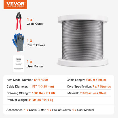 Wire Rope Kit, 1/8" 1000 ft 316 Stainless Steel Cable with Cutter and Gloves, 1600 lbs Breaking Strength, 7x7 Strands Construction Marine Aircraft Grade for Handrail Stair Decking Fence Outdoors