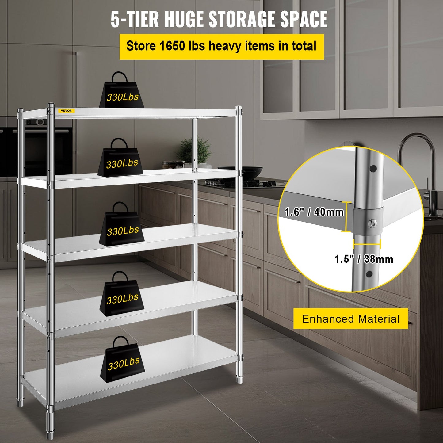 Stainless Steel Shelves 48x18.5 Inch 5 Tier Adjustable Shelf Storage Unit Stainless Steel Rack Shelving Heavy Duty Shelving for Kitchen Commercial Office Garage Storage 330lb Per Shelf