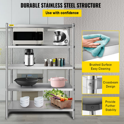 Stainless Steel Shelves 48x18.5 Inch 5 Tier Adjustable Shelf Storage Unit Stainless Steel Rack Shelving Heavy Duty Shelving for Kitchen Commercial Office Garage Storage 330lb Per Shelf