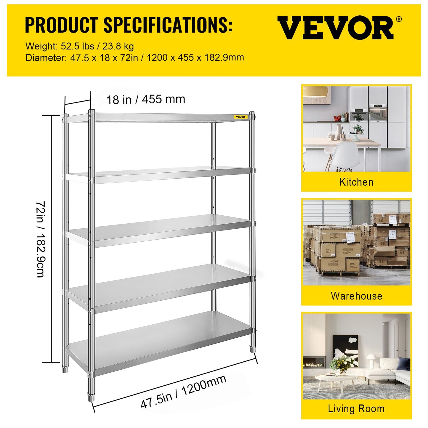 Stainless Steel Shelves 48x18.5 Inch 5 Tier Adjustable Shelf Storage Unit Stainless Steel Rack Shelving Heavy Duty Shelving for Kitchen Commercial Office Garage Storage 330lb Per Shelf