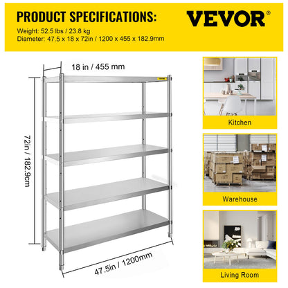 Stainless Steel Shelves 48x18.5 Inch 5 Tier Adjustable Shelf Storage Unit Stainless Steel Rack Shelving Heavy Duty Shelving for Kitchen Commercial Office Garage Storage 330lb Per Shelf