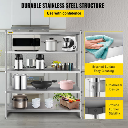 Stainless Steel Shelving 60x18.5 Inch 5 Tier Adjustable Shelf Storage Unit Stainless Steel Heavy Duty Shelving for Kitchen Commercial Office Garage Storage 330lb Per Shelf