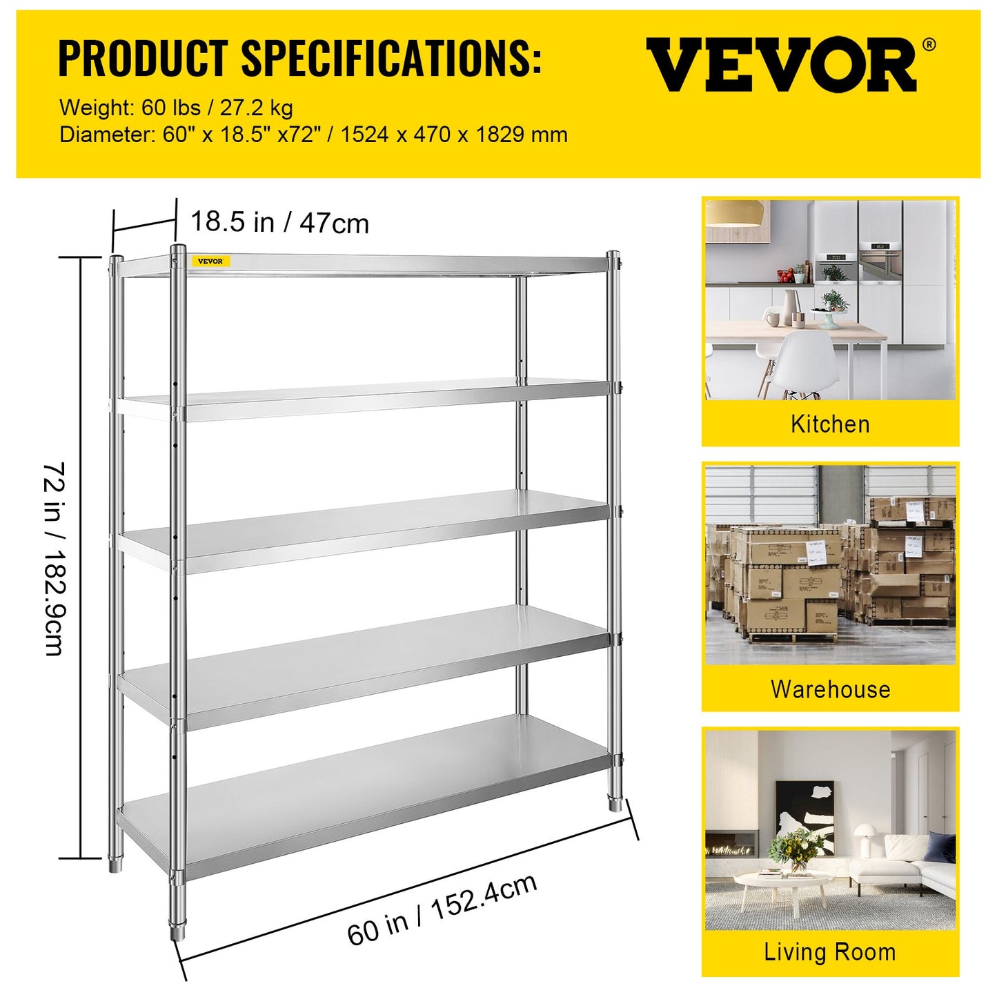Stainless Steel Shelving 60x18.5 Inch 5 Tier Adjustable Shelf Storage Unit Stainless Steel Heavy Duty Shelving for Kitchen Commercial Office Garage Storage 330lb Per Shelf