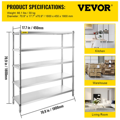 Storage Shelf, 5-Tier Storage Shelving Unit, Stainless Steel Garage Shelf, 70.9 x 17.7 x 70.9 inch Heavy Duty Storage Shelving, 1650 Lbs Total Capacity with Adjustable Height