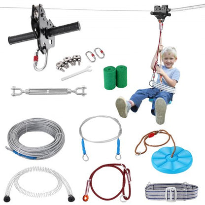 Zipline Kit for Kids and Adult, 120 ft Zip Line Kits Up to 500 lb, Backyard Outdoor Quick Setup Zipline, Playground Entertainment with Stainless Steel Zipline, Spring Brake, Safety Harness, Seat