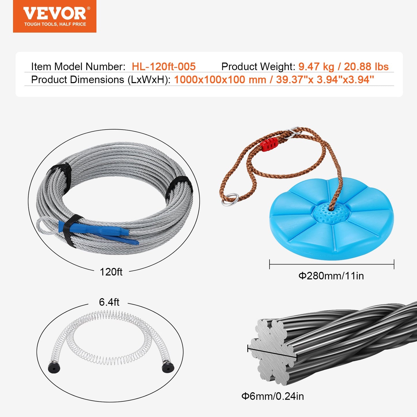 Zipline Kit for Kids and Adult, 120 ft Zip Line Kits Up to 500 lb, Backyard Outdoor Quick Setup Zipline, Playground Entertainment with Stainless Steel Zipline, Spring Brake, Safety Harness, Seat