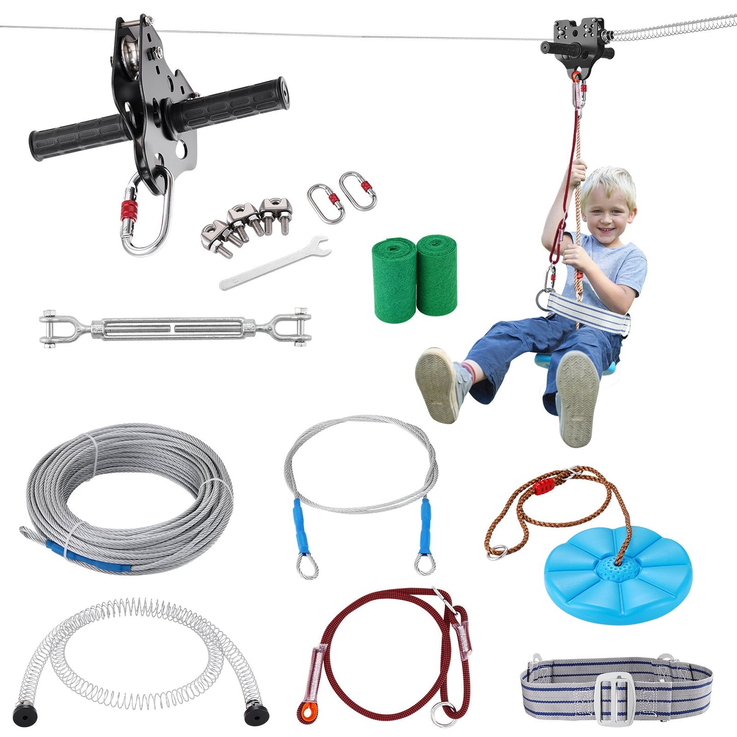 Zipline Kit for Kids and Adults, 160 ft Zip Line Kits up to 330 lb, Backyard Outdoor Quick Setup Zipline, Playground Entertainment with Stainless Steel Zipline, Spring Brake, Safety Harness, Seat