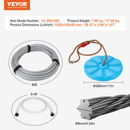 Zipline Kit for Kids and Adult, 80 ft Zip Line Kits Up to 500 lb, Backyard Outdoor Quick Setup Zipline, Playground Entertainment with Stainless Steel Zipline, Spring Brake, Safety Harness, Seat