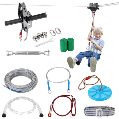 Zipline Kit for Kids and Adults, 80 ft Zip Line Kits up to 330 lb, Backyard Outdoor Quick Setup Zipline, Playground Entertainment with Stainless Steel Zipline, Spring Brake, Safety Harness, Seat