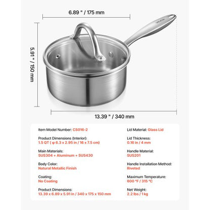 1,5 QT kastrull, rostfri kastrull med glaslock, multifunktionell nonstick rostfri såsgryta med ergonomiskt handtag, lämplig för ugn, diskmaskin, induktionshäll |  EU