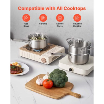 1,5 QT kastrull med ångkokare, kastrull i rostfritt stål med glaslock, multifunktionell nonstick-såsgryta i rostfritt stål med ergonomiskt handtag, lämplig för ugn, diskmaskin, induktionshäll |  EU