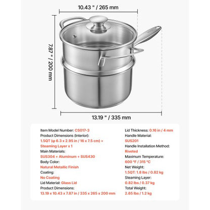 1,5 QT kastrull med ångkokare, kastrull i rostfritt stål med glaslock, multifunktionell nonstick-såsgryta i rostfritt stål med ergonomiskt handtag, lämplig för ugn, diskmaskin, induktionshäll |  EU