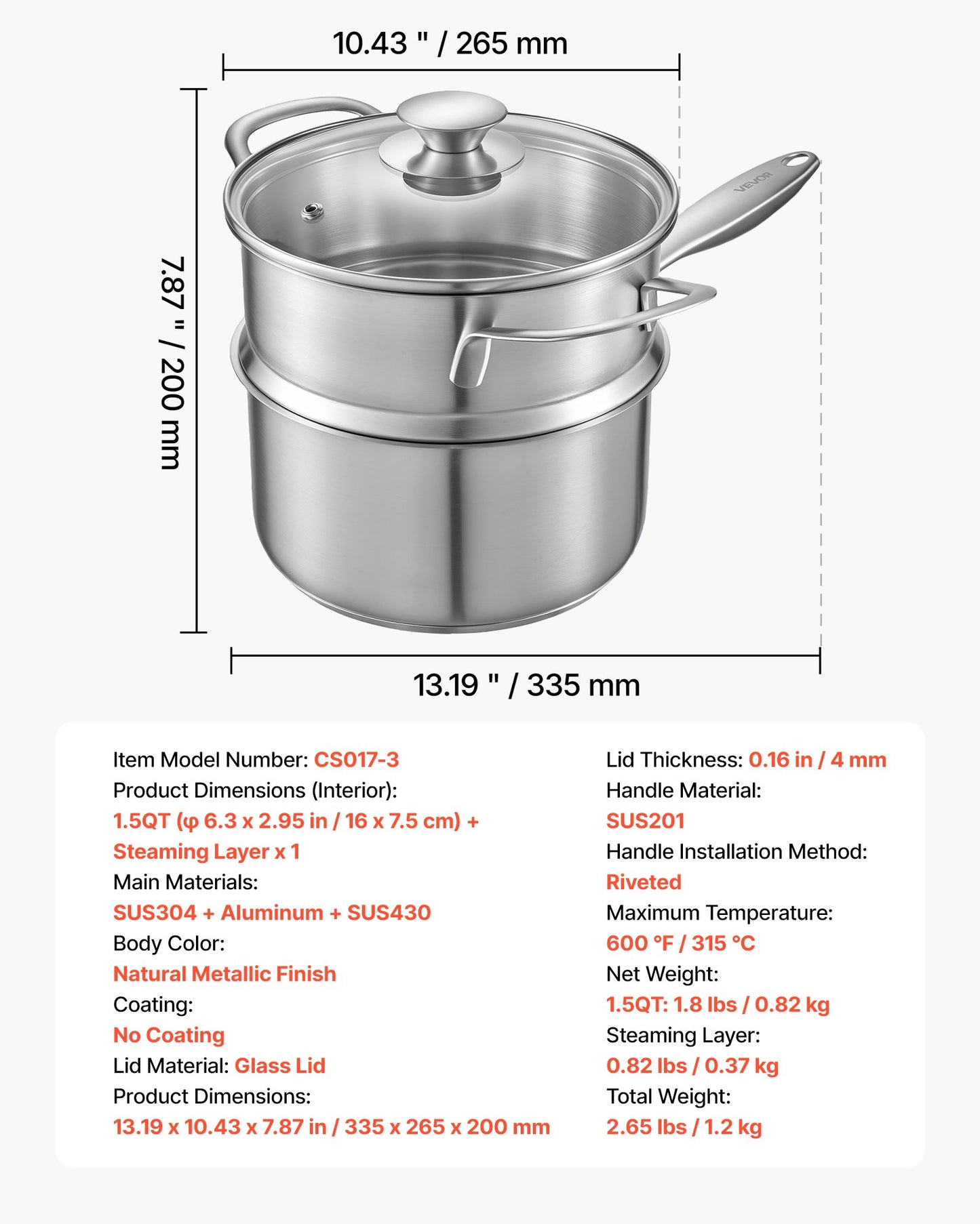1.5 QT Saucepan with Steamer, Stainless Steel Saucepan with Glass Lid, Multipurpose Nonstick Stainless Steel Sauce Pot with Ergonomic Handle, Friendly for Oven, Dishwasher, Induction Cooker