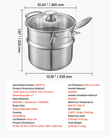 1.5 QT Saucepan with Steamer, Stainless Steel Saucepan with Glass Lid, Multipurpose Nonstick Stainless Steel Sauce Pot with Ergonomic Handle, Friendly for Oven, Dishwasher, Induction Cooker