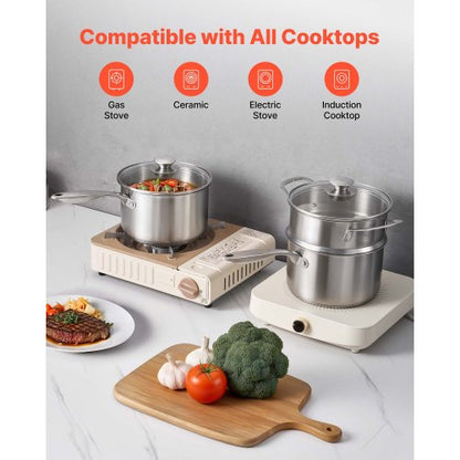 2,5 QT kastrull med ångkokare, kastrull i rostfritt stål med glaslock, multifunktionell nonstick-beläggningsgryta i rostfritt stål med ergonomiskt handtag, lämplig för ugn, diskmaskin, induktionshäll |  EU