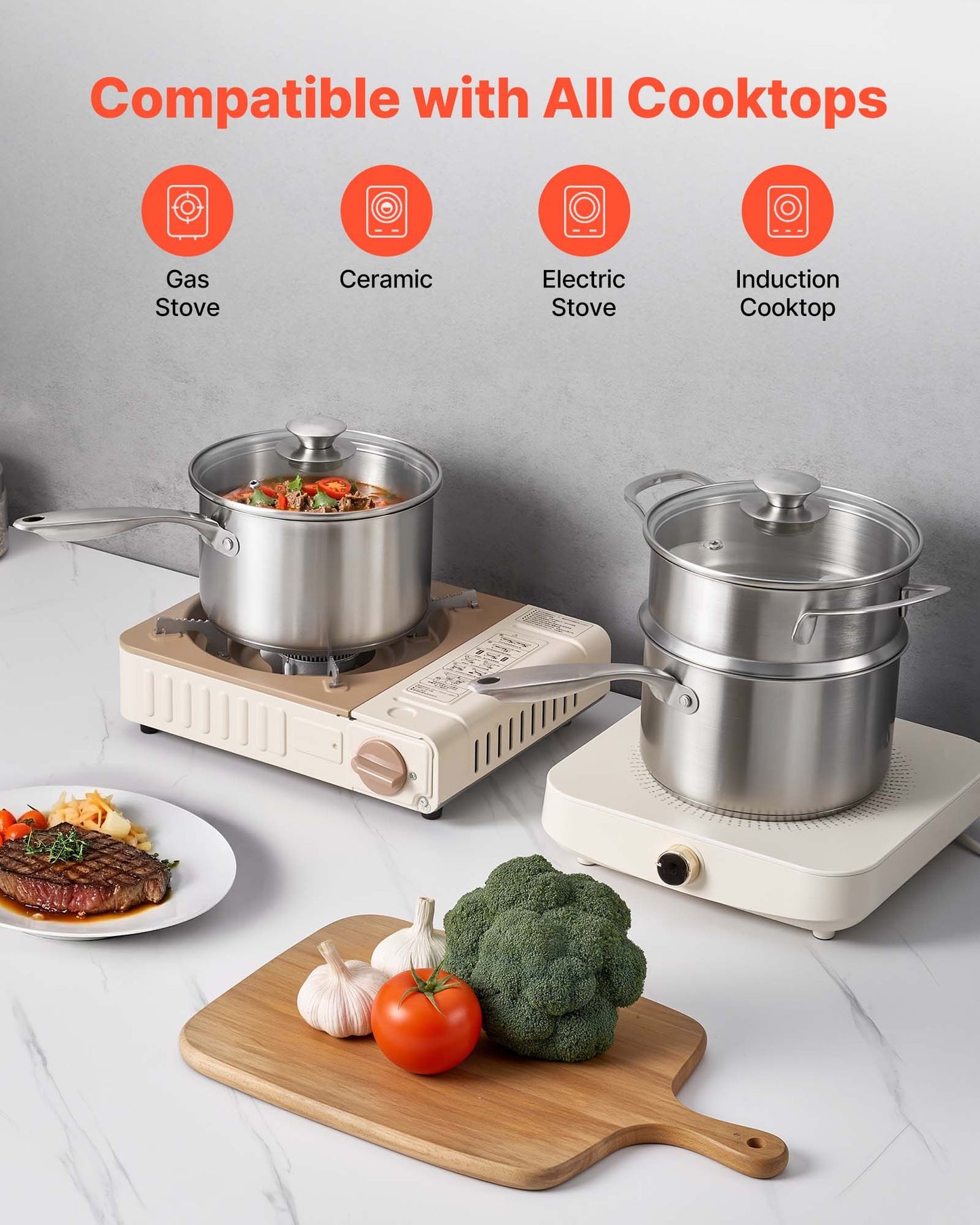 2.5 QT Saucepan with Steamer, Stainless Steel Saucepan with Glass Lid, Multipurpose Nonstick Stainless Steel Sauce Pot with Ergonomic Handle, Friendly for Oven, Dishwasher, Induction Cooker
