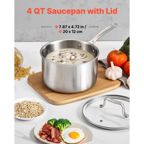 4 QT Kastrull, Rostfri Stålkastrull med Glaslock, Multifunktionell Nonstick Rostfri Stål Liten Såsgryta med Ergonomiskt Handtag, Lämplig för Ugn, Diskmaskin, Induktionshäll |  EU