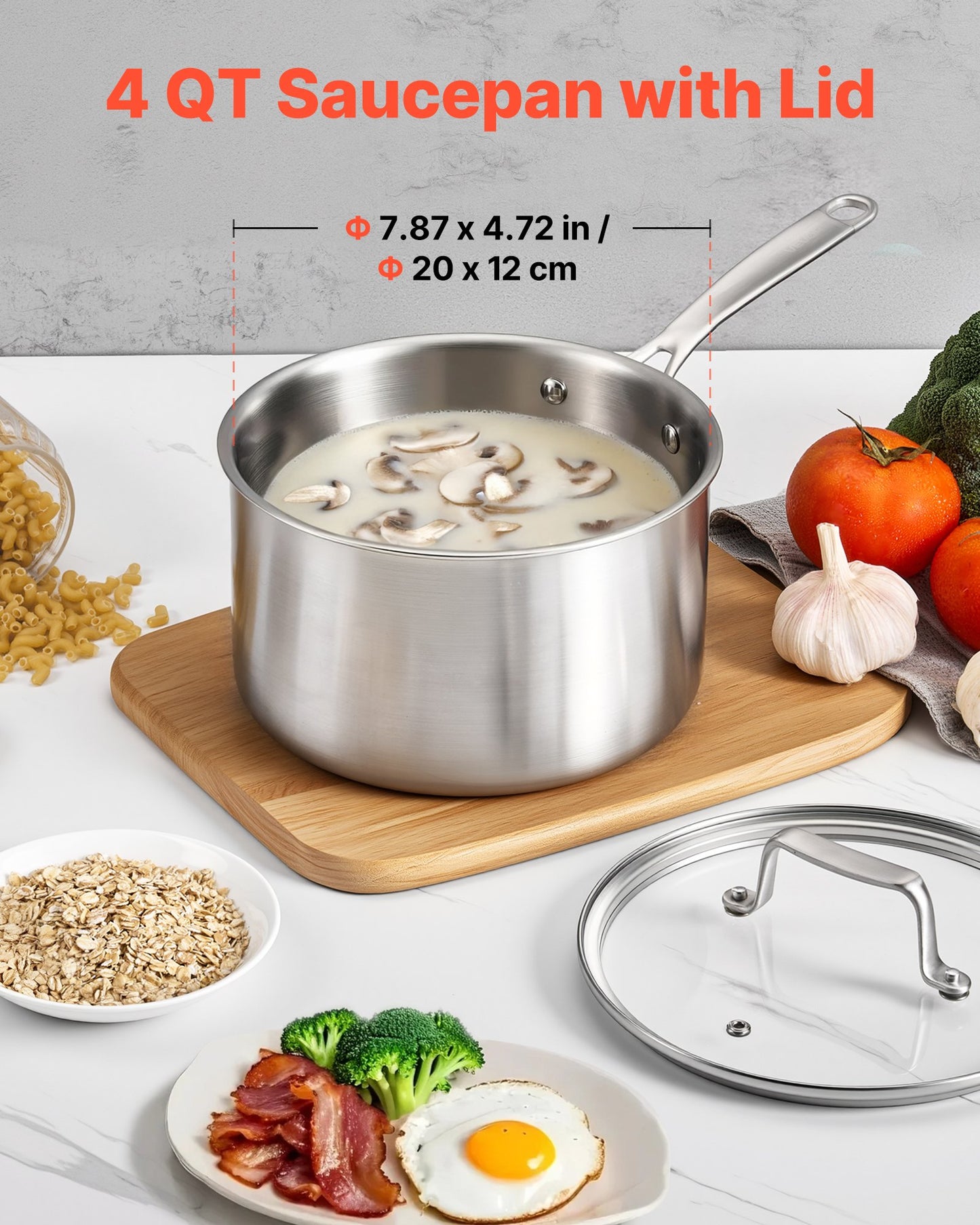 4 QT Saucepan, Stainless Steel Saucepan with Glass Lid, Multipurpose Nonstick Stainless Steel Small Cooking Sauce Pot with Ergonomic Handle, Friendly for Oven, Dishwasher, Induction Cooker