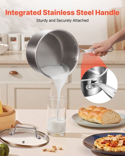 4 QT Saucepan, Stainless Steel Saucepan with Glass Lid, Multipurpose Nonstick Stainless Steel Small Cooking Sauce Pot with Ergonomic Handle, Friendly for Oven, Dishwasher, Induction Cooker