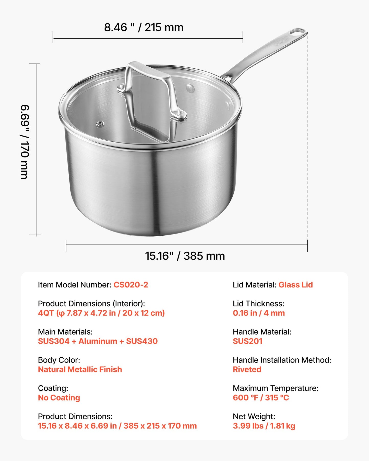 4 QT Saucepan, Stainless Steel Saucepan with Glass Lid, Multipurpose Nonstick Stainless Steel Small Cooking Sauce Pot with Ergonomic Handle, Friendly for Oven, Dishwasher, Induction Cooker