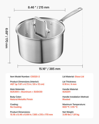 4 QT Saucepan, Stainless Steel Saucepan with Glass Lid, Multipurpose Nonstick Stainless Steel Small Cooking Sauce Pot with Ergonomic Handle, Friendly for Oven, Dishwasher, Induction Cooker