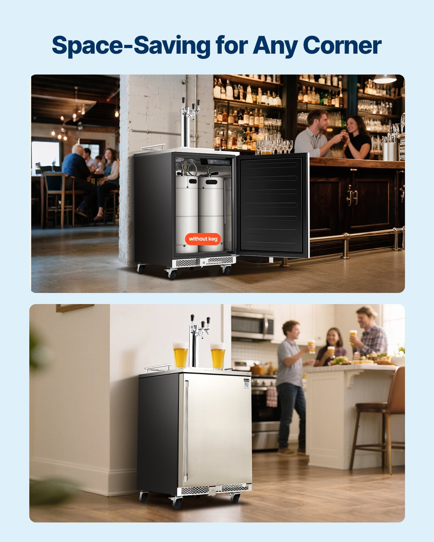 Beer Kegerator, Triple Tap Commercial Draft Beer Dispenser for D system, Full Size Keg Refrigerator with 5lbs CO2 Tank, Hold 3 Sixth / 2 Slim / 3 Ball lock keg, 160L