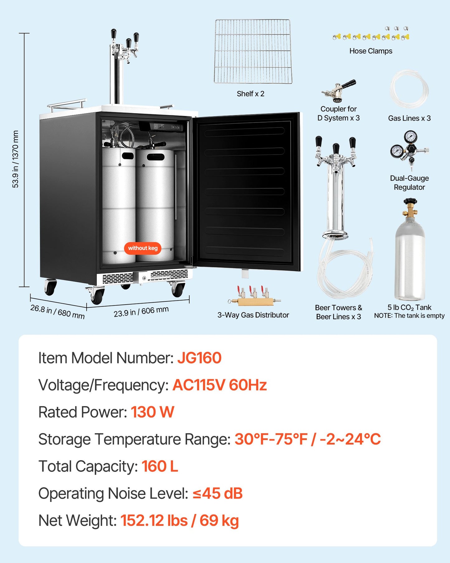 Beer Kegerator, Triple Tap Commercial Draft Beer Dispenser for D system, Full Size Keg Refrigerator with 5lbs CO2 Tank, Hold 3 Sixth / 2 Slim / 3 Ball lock keg, 160L