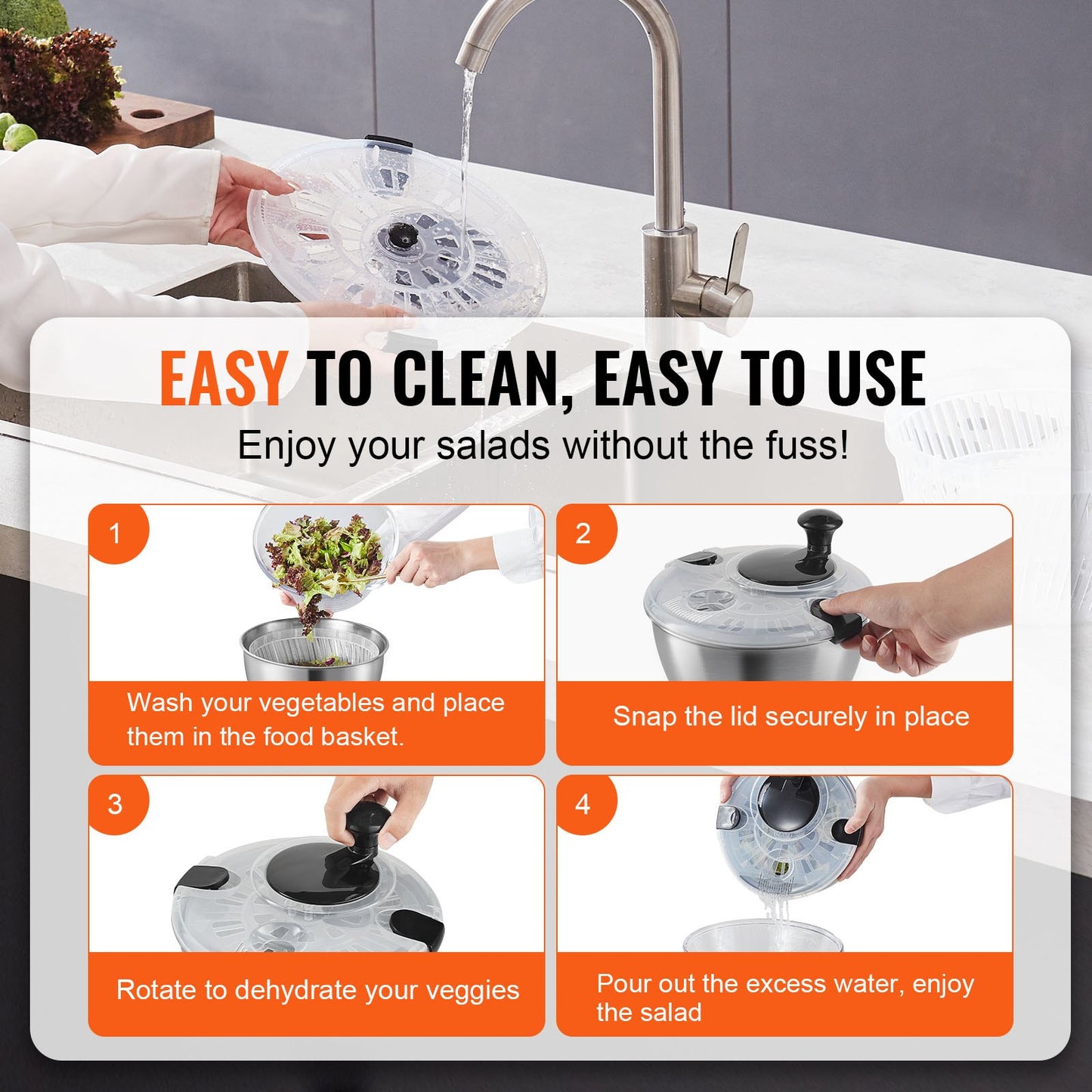 Stainless Steel Salad Spinner, 4.75 Qt, One-Handed Squeezer, Large Vegetable Dryer, Washer, Salad Cleaner and Dryer with 304 Stainless Steel Bowl, for Vegetables, Herbs, Berries, Fruit, No BPA