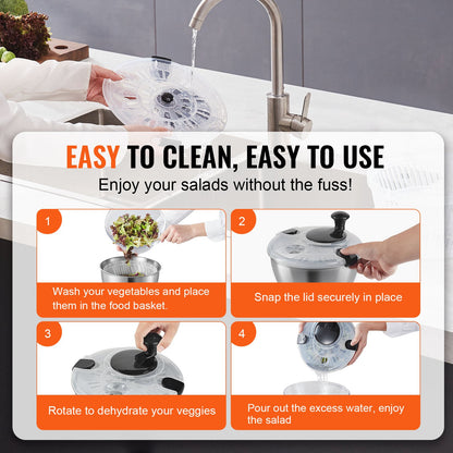 Stainless Steel Salad Spinner, 4.75 Qt, One-Handed Squeezer, Large Vegetable Dryer, Washer, Salad Cleaner and Dryer with 304 Stainless Steel Bowl, for Vegetables, Herbs, Berries, Fruit, No BPA