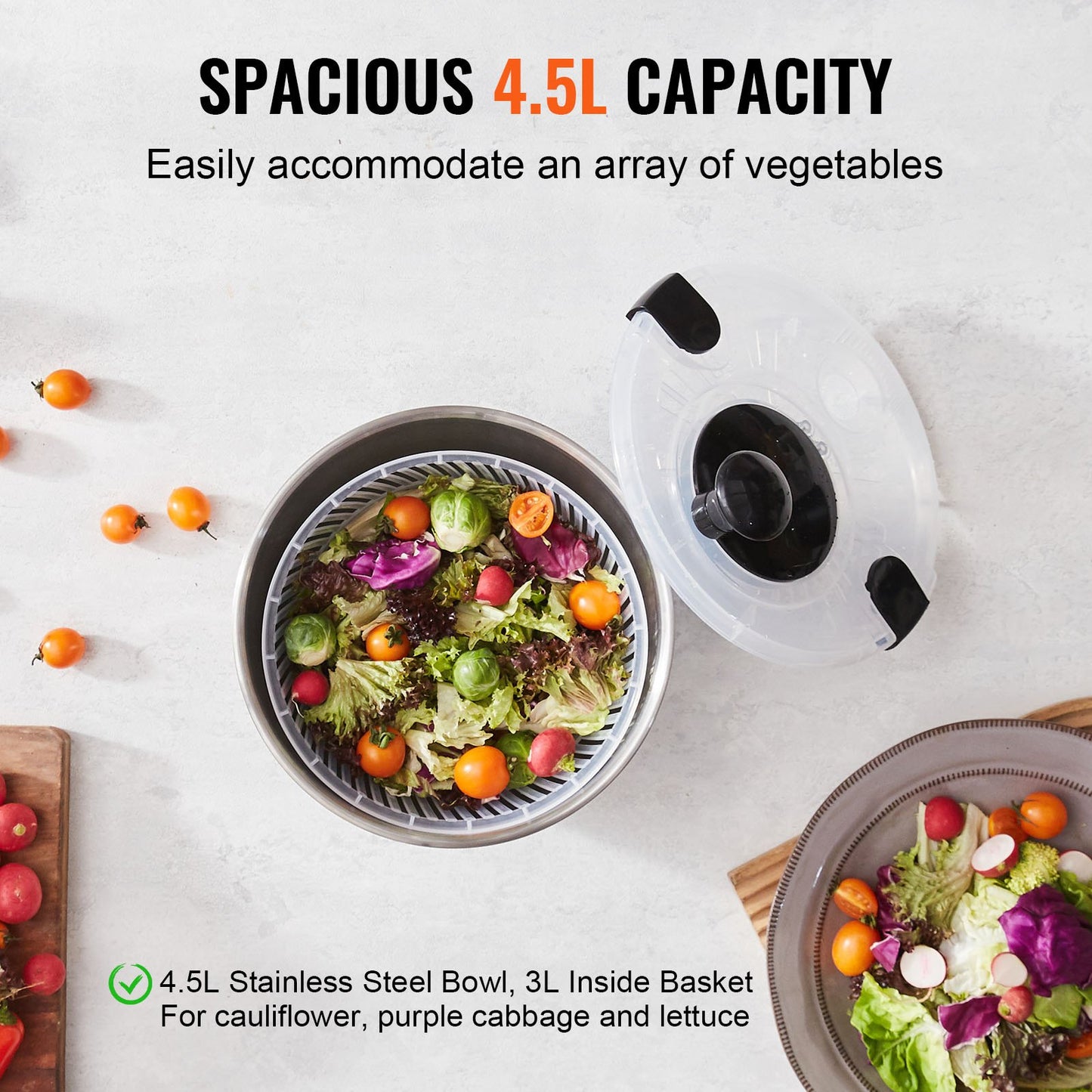 Stainless Steel Salad Spinner, 4.75 Qt, One-Handed Squeezer, Large Vegetable Dryer, Washer, Salad Cleaner and Dryer with 304 Stainless Steel Bowl, for Vegetables, Herbs, Berries, Fruit, No BPA