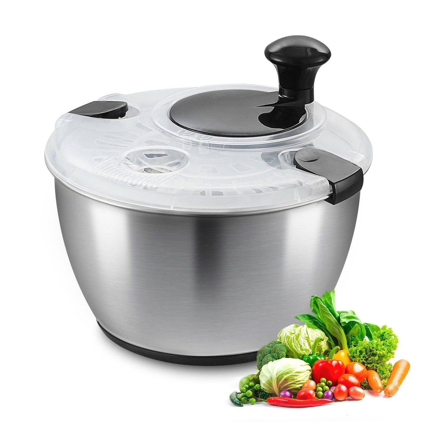 Stainless Steel Salad Spinner, 4.75 Qt, One-Handed Squeezer, Large Vegetable Dryer, Washer, Salad Cleaner and Dryer with 304 Stainless Steel Bowl, for Vegetables, Herbs, Berries, Fruit, No BPA