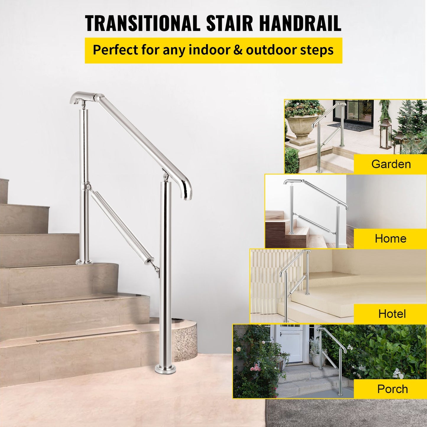 Stainless Steel Transitional Handrail fit for Level Surface and 2 to 3 Adjustable Stair Indoor Outdoor Step Railings 441lb Capacity with Installation Kit Porch DIY, Silver