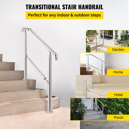Stainless Steel Transitional Handrail fit for Level Surface and 2 to 3 Adjustable Stair Indoor Outdoor Step Railings 441lb Capacity with Installation Kit Porch DIY, Silver