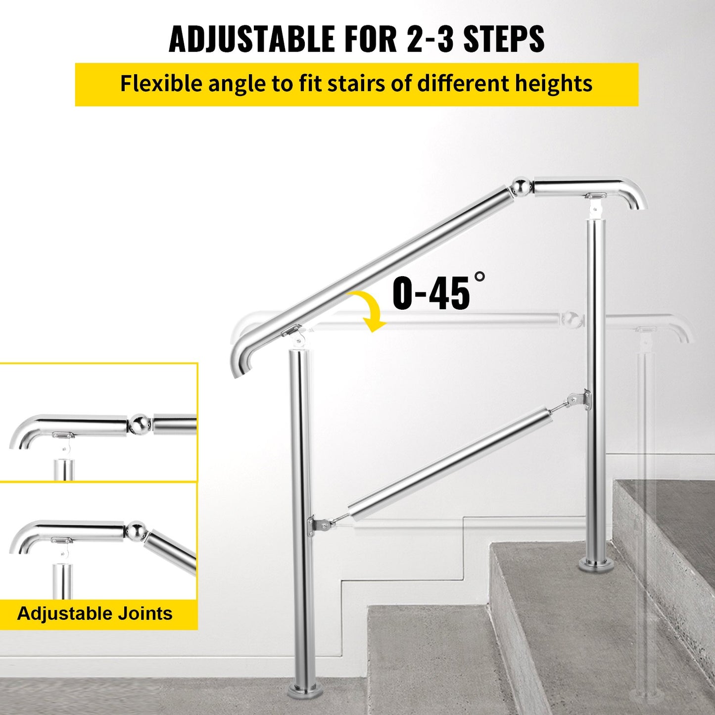 Stainless Steel Transitional Handrail fit for Level Surface and 2 to 3 Adjustable Stair Indoor Outdoor Step Railings 441lb Capacity with Installation Kit Porch DIY, Silver