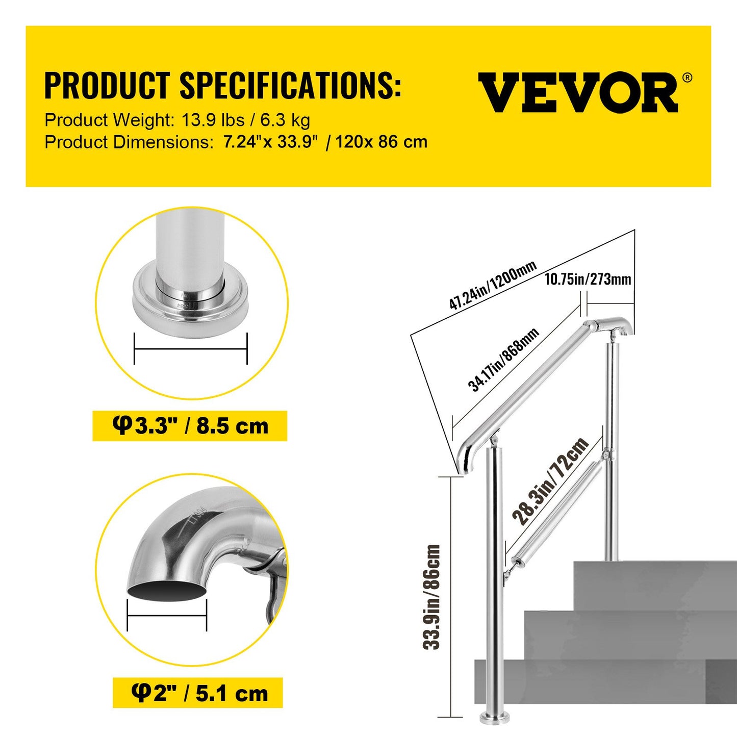 Stainless Steel Transitional Handrail fit for Level Surface and 2 to 3 Adjustable Stair Indoor Outdoor Step Railings 441lb Capacity with Installation Kit Porch DIY, Silver
