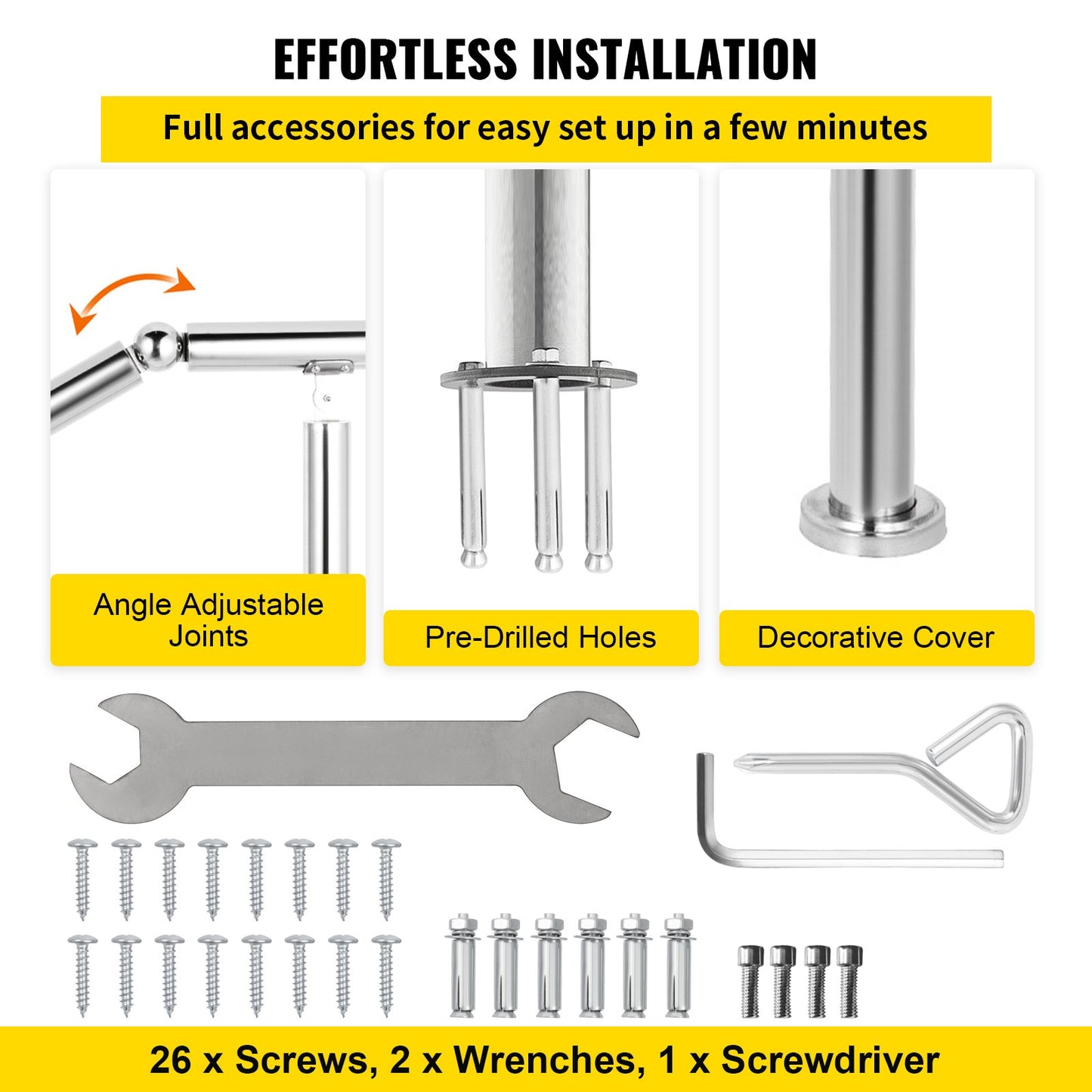 5-Stufen-Geländer, Übergangsgeländer aus Edelstahl, geeignet für flache Oberflächen und 1 bis 5 Stufen, verstellbares Treppengeländer für drinnen und draußen, 100 kg Tragkraft, mit Montagesatz, Veranda, Heimwerker