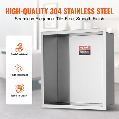 13"x13" No Tile Shower Niche 304 Stainless Steel, Wall-Inserted Niche Recessed Double Shelves, Sealed Waterproof Rust-Resistant Modern Niche for Shower Bathroom Soap Storage, Silver