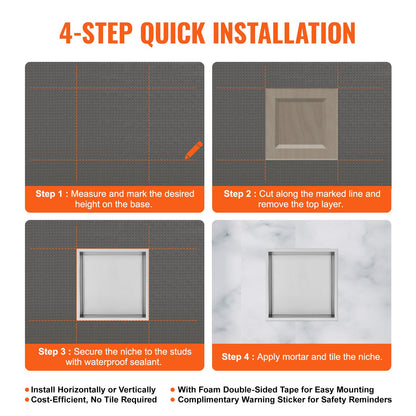 13"x13" No Tile Shower Niche 304 Stainless Steel, Wall-Inserted Niche Recessed Double Shelves, Sealed Waterproof Rust-Resistant Modern Niche for Shower Bathroom Soap Storage, Silver