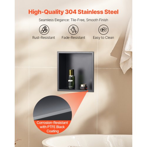 Duschnisch 33,0 x 33,0 x 10,2 cm Infälld vägghylla rostfritt stål svart