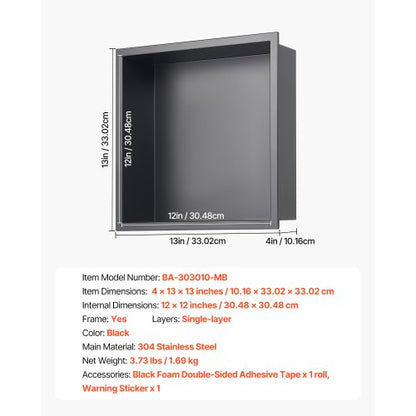 Duschnisch 33,0 x 33,0 x 10,2 cm Infälld vägghylla rostfritt stål svart