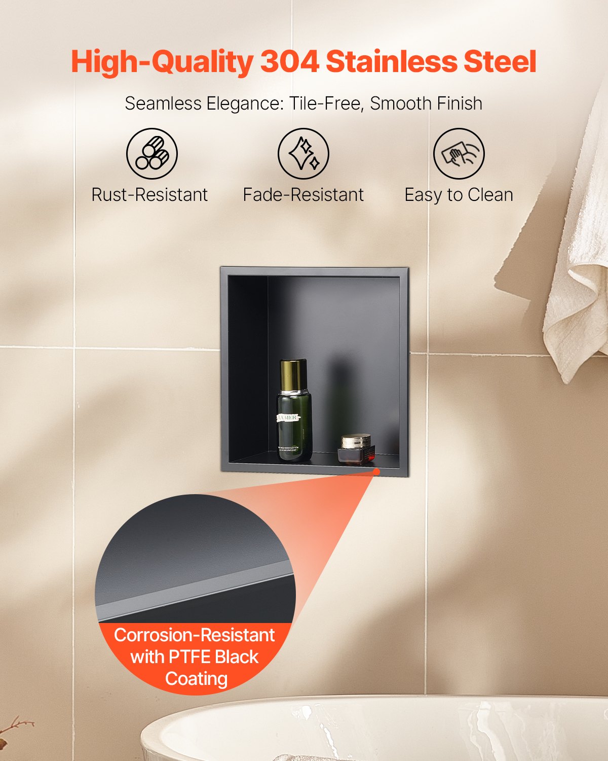 Shower Niche, 13 x 13 x 4 inch Recessed Wall Niche, Heavy-duty Stainless Steel Modern Soap & Shampoo Storage Organizer, Sealed Waterproof, Durable & Easy to Install,Black for Bathroom