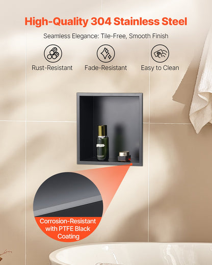 Shower Niche, 13 x 13 x 4 inch Recessed Wall Niche, Heavy-duty Stainless Steel Modern Soap & Shampoo Storage Organizer, Sealed Waterproof, Durable & Easy to Install,Black for Bathroom