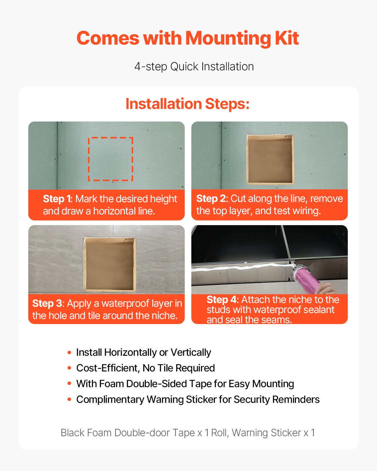 Shower Niche, 13 x 13 x 4 inch Recessed Wall Niche, Heavy-duty Stainless Steel Modern Soap & Shampoo Storage Organizer, Sealed Waterproof, Durable & Easy to Install,Black for Bathroom