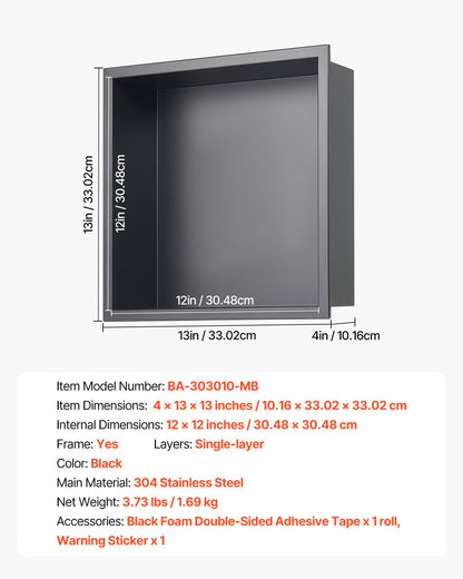 Shower Niche, 13 x 13 x 4 inch Recessed Wall Niche, Heavy-duty Stainless Steel Modern Soap & Shampoo Storage Organizer, Sealed Waterproof, Durable & Easy to Install,Black for Bathroom