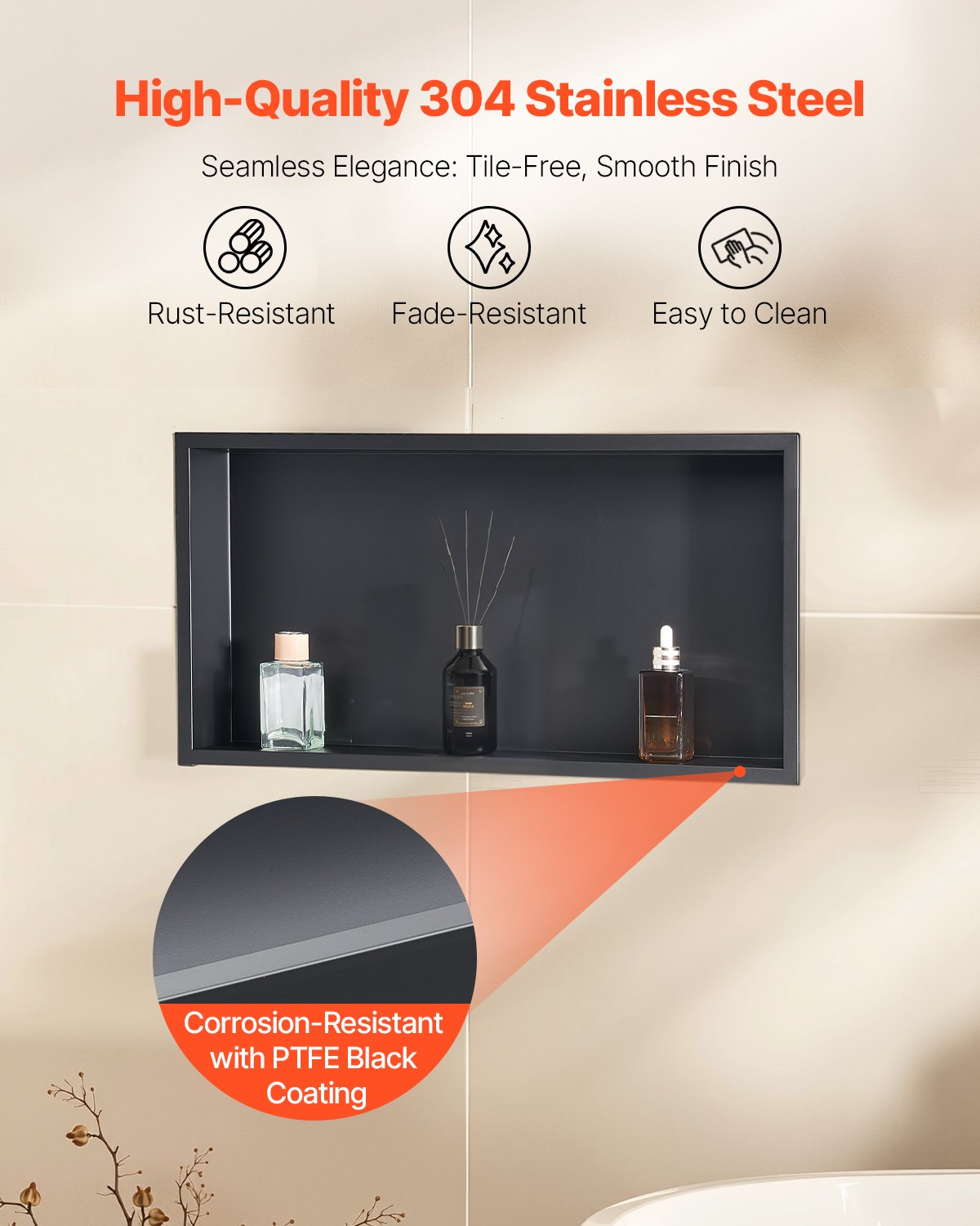 Shower Niche, 13 x 25 x 4 inch Recessed Wall Niche, Heavy-duty Stainless Steel Modern Soap & Shampoo Storage Organizer, Sealed Waterproof, Durable & Easy to Install,Black for Bathroom